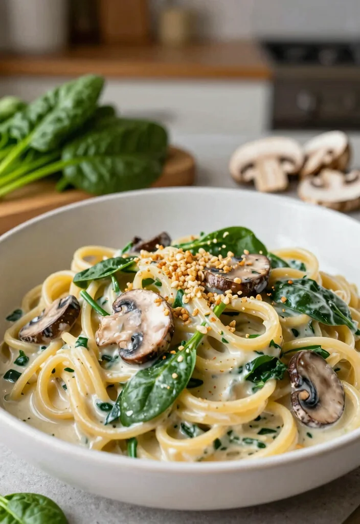12 One-Pot Vegan Recipes for Easy Minimal-Cleanup Dinners - 2. Creamy Spinach and Mushroom Pasta